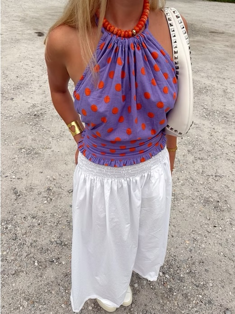 Purple Halter Crop Top with Orange Polka Dots